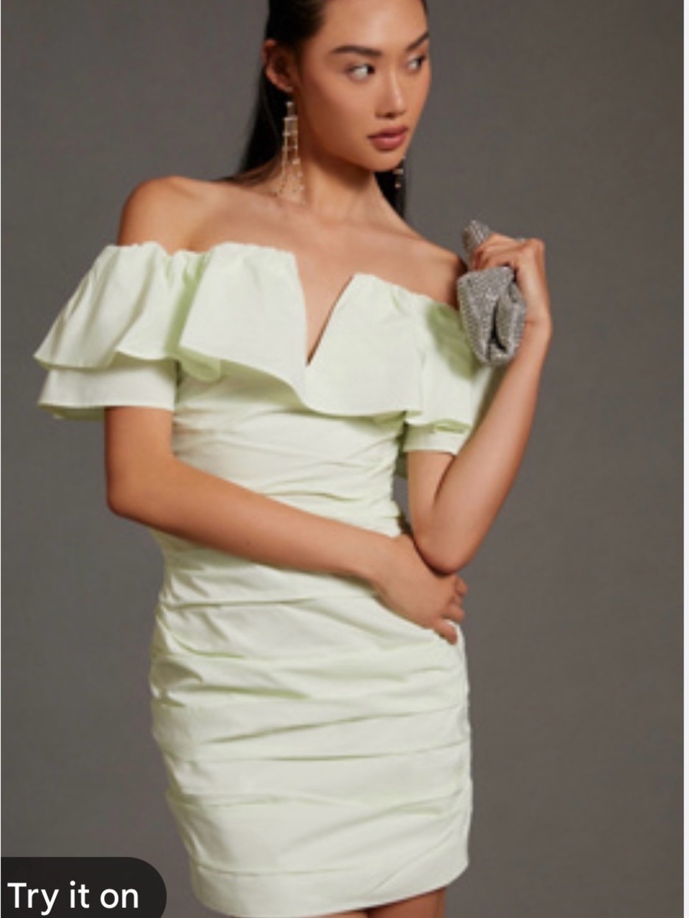 Maeve Pale Green Off-Shoulder Ruffle Mini Dress| Anthropologie